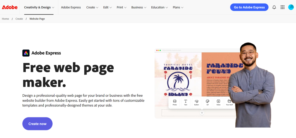 tampilan homepage website adobe express